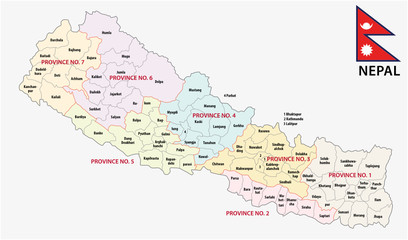 nepal administrative and political (province) map with flag - obrazy, fototapety, plakaty