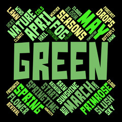 Green word cloud in shape of square on black background. Seasons concept. Vector.