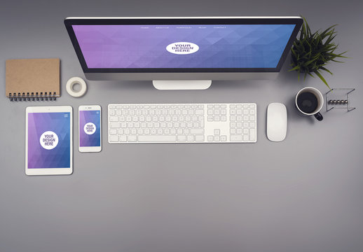 Desktop Computer and Smartphone on a Gray Desk Mockup 2