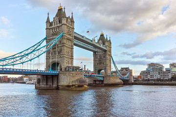 Fototapeta na wymiar Sunset view of Tower Bridge in London in the late afternoon, England, United Kingdom