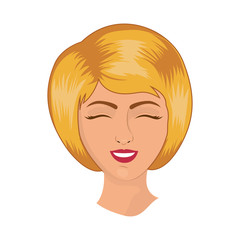 cartoon retro woman face smiling with red lips and classic hairstyle  over white background. vector illustration