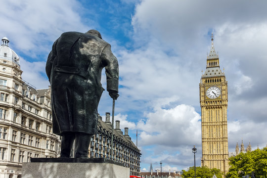 Monument of Winston Churchill and Big Ben, London, England, United Kingdom