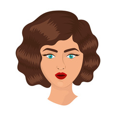 retro woman face with red lips and classic hairstyle over white background. vector illustration