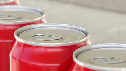 Soft drink or beer production line. Red aluminum cans on industrial conveyor, shallow focus. Recycling ecologic packaging. 3D rendering