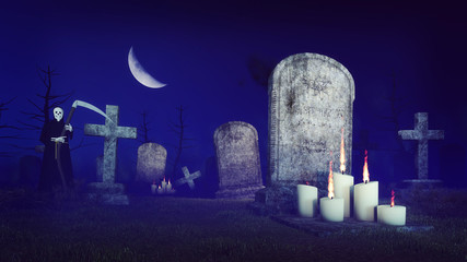 Abandoned spooky cemetery under fantastic big half moon with lighted candles in front of old tombs...