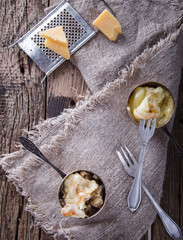 Hot appetizer with cheese,chicken meat,mushrooms.Baked Cheese.selective focus.