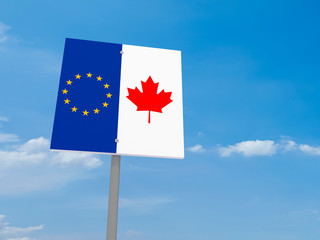 CETA: Canada And EU Flag Road Sign Against A Cloudy Sky, 3d illustration