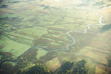 Sunrise over Poland. Beautiful fields and river landscape.