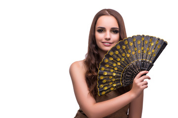 Woman with fan isolated on white