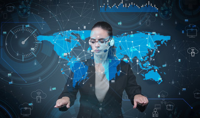 Woman pressing virtual buttons in futuristic concept