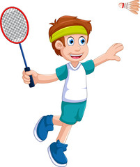 Obraz na płótnie Canvas funny boy cartoon playing badminton
