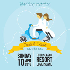 Cute wedding invitation cartoon style template with soft blue background