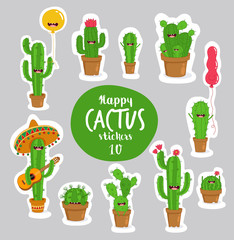 Funny cactus stickers. Vector illustrations can be used as a sticker. © lenkaserbina