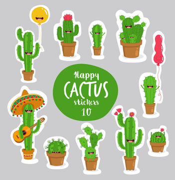 Funny cactus stickers. Vector illustrations can be used as a sticker.