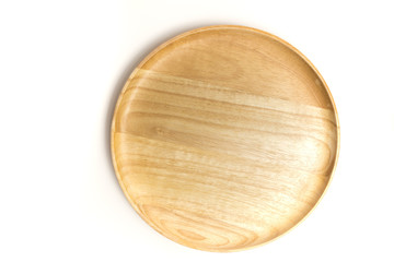 Top view wooden plate or tray isolated on white background