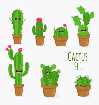 Funny cactus set. Vector illustrations can be used as a sticker. 