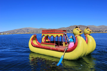 Totora reed floating islands Uros, lake Titicaca, near Puno, Peru