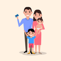 Vector happy family with a plastic credit card