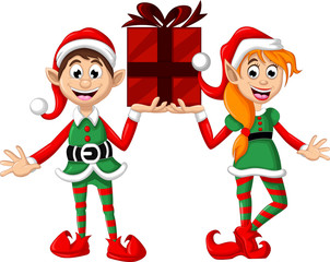 two Christmas elf holding a gift