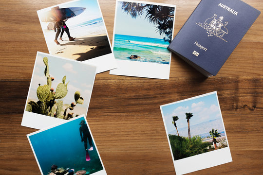 Collection of travel photographs and Australian passport