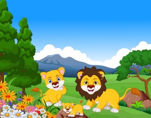 Fototapeta na wymiar funny lion cartoon family in the jungle
