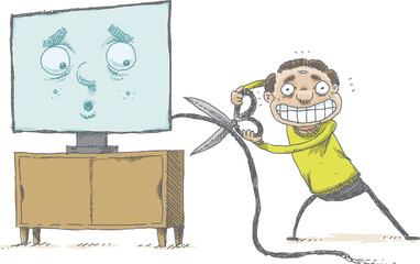 A happy cartoon man prepares to cut his cable tv service cord with a large pair of scissors while a face on the tv reacts with surprise.