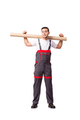 Plumber with plastic pipe isolated on white