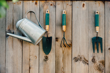 Garden tools hanging and watering on wood background with vintage feel 
