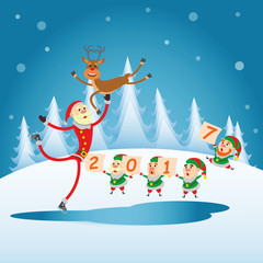 Santa Claus and reindeer ice-skating