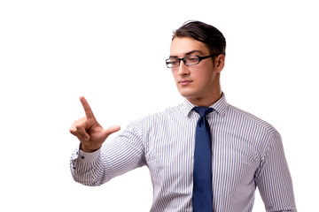 Young handsome businessman pressing buttons isolated on white