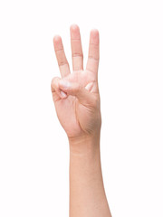 right hand a man show the third, number three sign, point to aim. isolated on white background