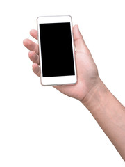right hand a man holding smart phone for update status in social network application in smart phone. isolated on white background