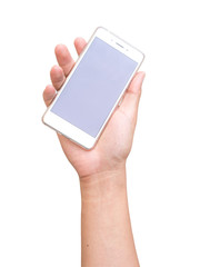 right hand a man holding smart phone for update status in social network application in smart phone. isolated on white background