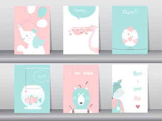 Set of cute animals poster,template,cards,elephant,bird,fish,bear,wolf,zoo,Vector illustrations