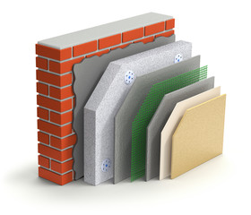 Layered brick wall thermal insulation concept on white background - 124698856