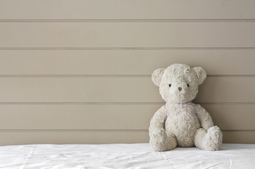 teddy bear sit on the right side white bed at headboard and brow