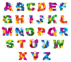 Küchenrückwand glas motiv Alphabet Buchstaben Alphabet gemalt durch Farbspritzer Vektorschriftart