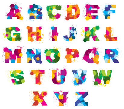 Letters alphabet painted by color splashes vector font