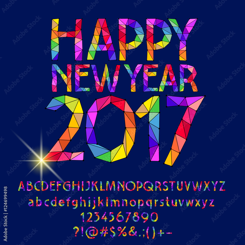 Fototapete vector patched shiny happy new year 2017 greeting card with set of letters, symbols and numbers