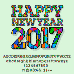 Vector patched bright Happy New Year 2017 greeting card with set of letters, symbols and numbers