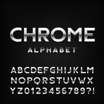 Chrome alphabet font. Metal effect italic letters and numbers. Stock vector typography for your design.