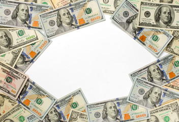 Frame of dollar bills on white background