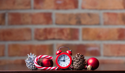 christmas baubles with retro alarm clock