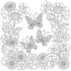 Hand drawn decorated butterflies into circle in ethnic style