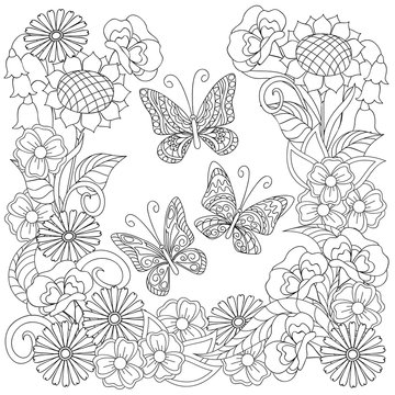 Hand drawn decorated butterflies into circle in ethnic style