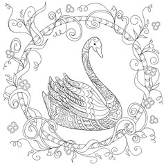 Hand drawn decorated swan into circle in ethnic style