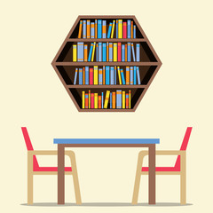 Chairs And Table With Hexagon Bookshelf On Wall Vector Illustration
