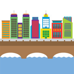 Obraz premium Bridge Cross River And Buildings On Land Vector Illustration