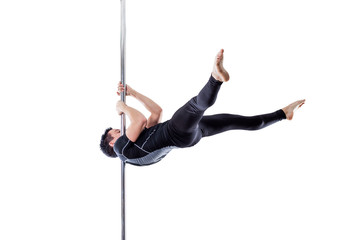 man performing pole dance. Studio shot, on white background, isolated