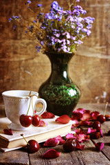 cherry berry on wooden background retro